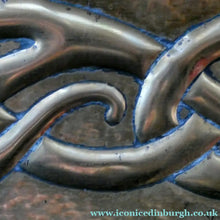 Load image into Gallery viewer, EXCEPTIONALLY LONG. Antique CELTIC REVIVAL Brass Planter with Repousse Knotword Pattern &amp; Ball Feet
