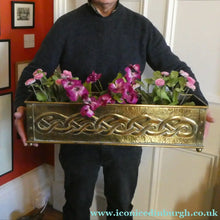 Load image into Gallery viewer, EXCEPTIONALLY LONG. Antique CELTIC REVIVAL Brass Planter with Repousse Knotword Pattern &amp; Ball Feet
