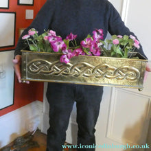 Load image into Gallery viewer, EXCEPTIONALLY LONG. Antique CELTIC REVIVAL Brass Planter with Repousse Knotword Pattern &amp; Ball Feet
