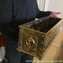 Load image into Gallery viewer, EXCEPTIONALLY LONG. Antique CELTIC REVIVAL Brass Planter with Repousse Knotword Pattern &amp; Ball Feet
