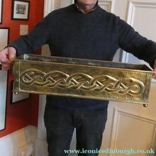 Load image into Gallery viewer, EXCEPTIONALLY LONG. Antique CELTIC REVIVAL Brass Planter with Repousse Knotword Pattern &amp; Ball Feet
