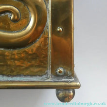 Load image into Gallery viewer, EXCEPTIONALLY LONG. Antique CELTIC REVIVAL Brass Planter with Repousse Knotword Pattern &amp; Ball Feet
