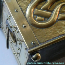 Load image into Gallery viewer, EXCEPTIONALLY LONG. Antique CELTIC REVIVAL Brass Planter with Repousse Knotword Pattern &amp; Ball Feet
