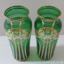 Load image into Gallery viewer, Antique 1905 Art Nouveau Bohemian Gold Enamel Pair of Vases.  In the manner of Josef Anton Riedel
