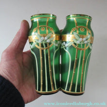 Load image into Gallery viewer, Antique 1905 Art Nouveau Bohemian Gold Enamel Pair of Vases. In the manner of Josef Anton Riedel
