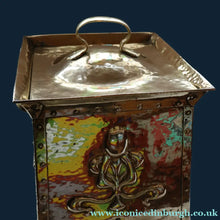 Load image into Gallery viewer, Fabulous Large Brass ART NOUVEAU Lidded Coal or Log Bucket with Whiplash Repousee Decoration; c 1910s
