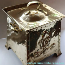 Load image into Gallery viewer, Fabulous Large Brass ART NOUVEAU Lidded Coal or Log Bucket with Whiplash Repousee Decoration; c 1910s
