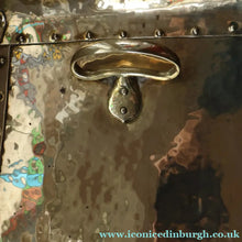 Load image into Gallery viewer, Fabulous Large Brass ART NOUVEAU Lidded Coal or Log Bucket with Whiplash Repousee Decoration; c 1910s
