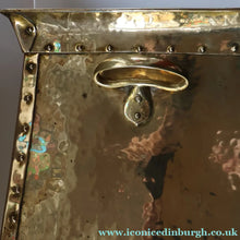 Load image into Gallery viewer, Fabulous Large Brass ART NOUVEAU Lidded Coal or Log Bucket with Whiplash Repousee Decoration; c 1910s
