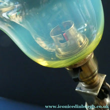 Load image into Gallery viewer, Antique Cast Brass Table Lamp with Three Paw Feet and Edwardian Vaseline Shade

