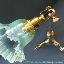 Load image into Gallery viewer, Antique Cast Brass Table Lamp with Three Paw Feet and Edwardian Vaseline Shade
