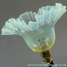 Load image into Gallery viewer, Antique Cast Brass Table Lamp with Three Paw Feet and Edwardian Vaseline Shade
