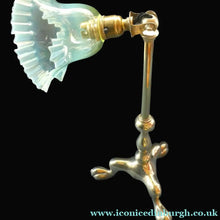 Load image into Gallery viewer, Antique Cast Brass Table Lamp with Three Paw Feet and Edwardian Vaseline Shade
