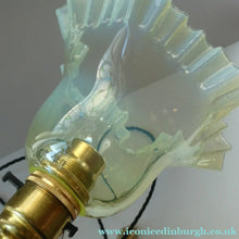 Load image into Gallery viewer, Antique Cast Brass Table Lamp with Three Paw Feet and Edwardian Vaseline Shade
