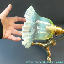 Load image into Gallery viewer, Antique Cast Brass Table Lamp with Three Paw Feet and Edwardian Vaseline Shade
