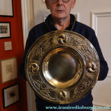 Load image into Gallery viewer, Antique GLASGOW SCHOOL Arts and Crafts Brass Wall Charger with Celtic Knotwork Pattern.  Fine Antique Metalwork
