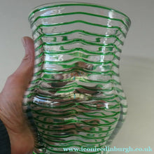Load image into Gallery viewer, RARE Art Nouvean Clear Glass Vase with Applied Emerald Green Trails (probably Stuart &amp; Sons). Height: 7 inches
