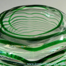 Load image into Gallery viewer, RARE Art Nouvean Clear Glass Vase with Applied Emerald Green Trails (probably Stuart &amp; Sons). Height: 7 inches
