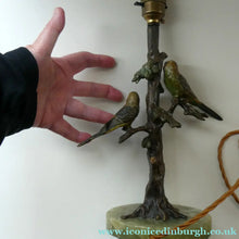 Load image into Gallery viewer, 1920s AUSTRIAN Bronze Table Lamp in the Form of a Tree with Cold Painted Budgerigars. Nice Green Onyx Base

