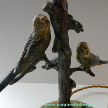 Load image into Gallery viewer, 1920s AUSTRIAN Bronze Table Lamp in the Form of a Tree with Cold Painted Budgerigars. Nice Green Onyx Base
