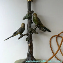 Load image into Gallery viewer, 1920s AUSTRIAN Bronze Table Lamp in the Form of a Tree with Cold Painted Budgerigars. Nice Green Onyx Base
