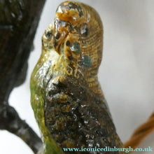 Load image into Gallery viewer, 1920s AUSTRIAN Bronze Table Lamp in the Form of a Tree with Cold Painted Budgerigars. Nice Green Onyx Base
