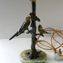 Load image into Gallery viewer, 1920s AUSTRIAN Bronze Table Lamp in the Form of a Tree with Cold Painted Budgerigars. Nice Green Onyx Base
