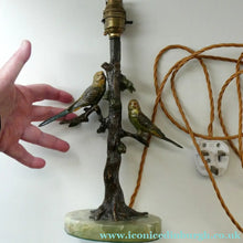 Load image into Gallery viewer, 1920s AUSTRIAN Bronze Table Lamp in the Form of a Tree with Cold Painted Budgerigars. Nice Green Onyx Base
