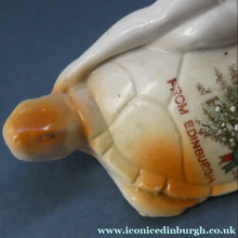 Load image into Gallery viewer, 1920s GERMAN Souvenir. Bathing Belle Riding on the Back of a Turtle. Lucky White Heather Ware Figurine EDINBURGH Location
