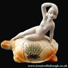 Load image into Gallery viewer, 1920s GERMAN Souvenir. Bathing Belle Riding on the Back of a Turtle. Lucky White Heather Ware Figurine EDINBURGH Location
