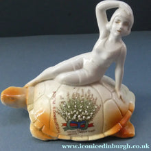 Load image into Gallery viewer, 1920s GERMAN Souvenir. Bathing Belle Riding on the Back of a Turtle. Lucky White Heather Ware Figurine EDINBURGH Location
