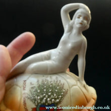 Load image into Gallery viewer, 1920s GERMAN Souvenir. Bathing Belle Riding on the Back of a Turtle. Lucky White Heather Ware Figurine EDINBURGH Location
