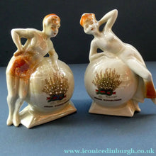 Load image into Gallery viewer, 1920s GERMAN Souvenirs. PAIR of Bathing Belles Lucky White Heather Ware Figurines EDINBURGH Location
