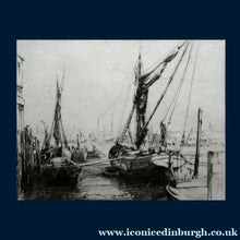 Load image into Gallery viewer, 1920s Original Pencil Signed Limited Edition Etching "Thames Barges" by Aileen Mary Elliott
