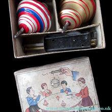 Load image into Gallery viewer, ANTIQUE 1920s German Tin Plate Pair of Spinning Tops. Complete in Original Box
