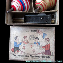 Load image into Gallery viewer, ANTIQUE 1920s German Tin Plate Pair of Spinning Tops. Complete in Original Box
