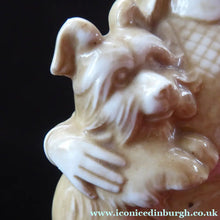 Load image into Gallery viewer, Rare 1920s SCHAFER &amp; VATER Whisky Flask or Bottle. Stoneware Finish in the Form of a Maid Carrying a Wee Dog and Tray with Whisky
