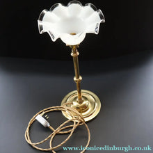 Load image into Gallery viewer, Stylish Early 20th Century Brass Table Lamp with White Glass Shade with Frilled Edge. REWIRED
