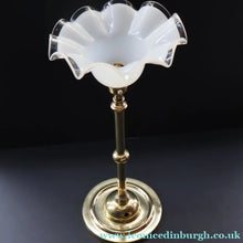 Load image into Gallery viewer, Stylish Early 20th Century Brass Table Lamp with White Glass Shade with Frilled Edge. REWIRED

