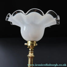 Load image into Gallery viewer, Stylish Early 20th Century Brass Table Lamp with White Glass Shade with Frilled Edge. REWIRED

