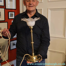 Load image into Gallery viewer, Stylish Early 20th Century Brass Table Lamp with White Glass Shade with Frilled Edge. REWIRED
