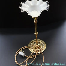 Load image into Gallery viewer, Stylish Early 20th Century Brass Table Lamp with White Glass Shade with Frilled Edge. REWIRED
