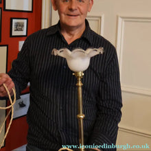 Load image into Gallery viewer, Stylish Early 20th Century Brass Table Lamp with White Glass Shade with Frilled Edge. REWIRED
