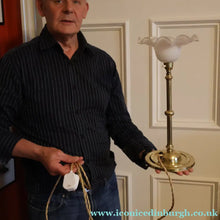Load image into Gallery viewer, Stylish Early 20th Century Brass Table Lamp with White Glass Shade with Frilled Edge. REWIRED
