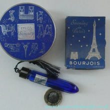 Load image into Gallery viewer, 1930s ART DECO Bourjois "Evening In Paris" Miniature Perfume Bottle (Boxed). and Face Powder Box (Unused) and Fancy Long Bottle
