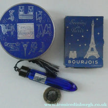Load image into Gallery viewer, 1930s ART DECO Bourjois "Evening In Paris" Miniature Perfume Bottle (Boxed). and Face Powder Box (Unused) and Fancy Long Bottle
