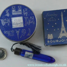 Load image into Gallery viewer, 1930s ART DECO Bourjois "Evening In Paris" Miniature Perfume Bottle (Boxed). and Face Powder Box (Unused) and Fancy Long Bottle
