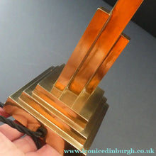 Load image into Gallery viewer, ART DECO Brass Table Lamp with Skyscraper Geometric Stepped Base; With Angular Globe Glass Shade
