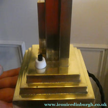 Load image into Gallery viewer, ART DECO Brass Table Lamp with Skyscraper Geometric Stepped Base; With Angular Globe Glass Shade
