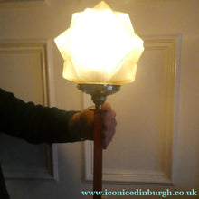 Load image into Gallery viewer, ART DECO Brass Table Lamp with Skyscraper Geometric Stepped Base; With Angular Globe Glass Shade
